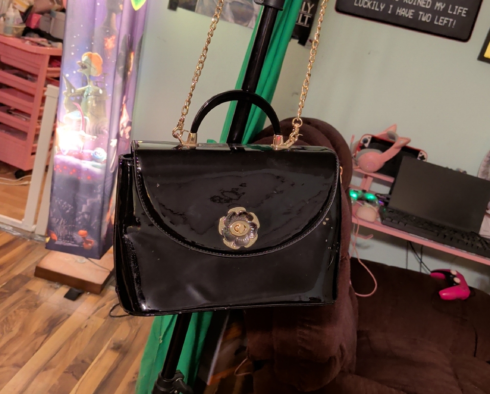 Glossy Black Satchel with Gold Accent